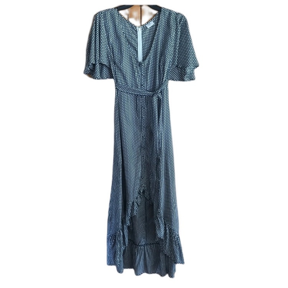 Keliki Hawaiian Hi-Low Blue White Honeycomb Flutter Sleeve V-Neck Dress S